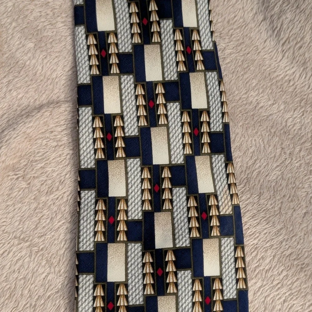 Zylos George Machado Silk Tie Set Geometric Abstract Blue Burgundy Red OS